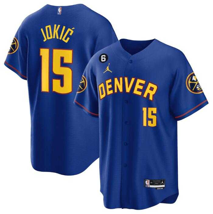 Mens Denver Nuggets #15 Nikola Jokic Blue With No.6 Patch Stitched Jersey Dzhi